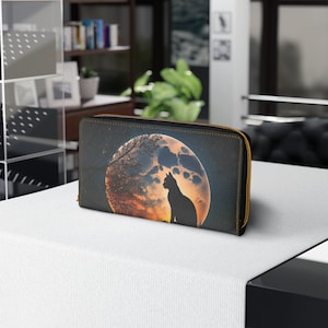 Cartera de piel vegana para mujer. Gato negro mirando la luna llena. Cartera fina de estilo gótico celestial, un regalo ideal para amantes de los gatos.