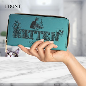 Green Gothic cat Vegan Wallet for women, Kitten Wallet, Alternative Fashion, Gift for Her, Gothic Accessories, Cat lover gift, Dark style