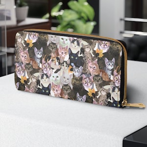 Adorable porte-cartes mince en similicuir pour femme avec chat, cadeau pour elle, la femme chat fou ou la maman chat