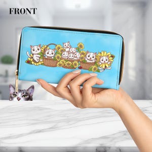 Kawaii Cat Zipper Wallet, Sunflower Vegan Leather Wallet, Gift Cat Mom, Cute ladies wallet, Everyday Use Wallet, unique cat design, purse