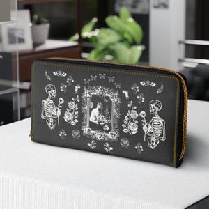 Gothic cat Zipper Vegan Wallet for women, Skeleton Wallet, Alternative Fashion, Gift for Her, Gothic Accessories, Cat lover gift, Dark style