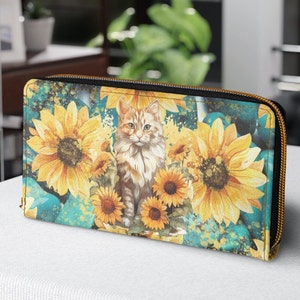 Cartera delgada para mujer de cuero vegano de calidad superior con temática de gato para amantes de los gatos, regalo para mamás locas por los gatos Cartera novedosa, hecha para durar