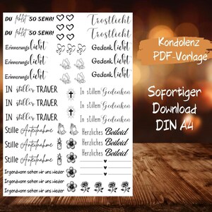 May include: A printable PDF template for condolence cards with various phrases in German, including "Trostlicht", "Gedenklicht", "In stiller Trauer", "Stille Anteilnahme", and "Irgendwann sehen wir uns wieder". The template is designed for A4 paper size and includes a variety of images such as hearts, butterflies, crosses, and flowers.