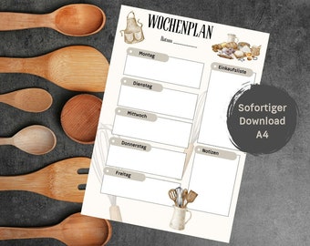 May include: A printable weekly meal planner with a brown and white gingham apron, a whisk, and a bowl of bread and other baking ingredients. The planner has sections for Monday through Friday, a shopping list, and notes. The text "Wochenplan" and "Sofortiger Download A4" are visible.