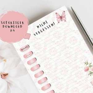 Peut inclure: Une liste de choses à faire à motif floral rose et blanc avec un graphique de papillon et le texte "Nicht vergessen!" (N'oubliez pas!). La liste comporte une section pour la semaine et une section pour les notes.