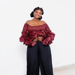 African Print Women&#39;s Top with Dramatic Sleeves, Ankara Crop Top for Ladies, Ladies Crop Top, African Print Blouse, Stylish Ankara Top.
