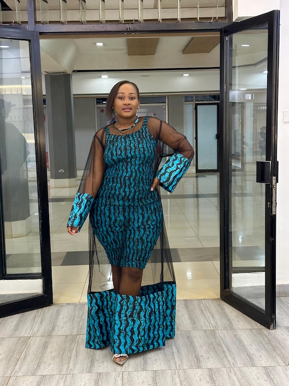 Stylish African Print Bodycon Dress with Lace Cover-up