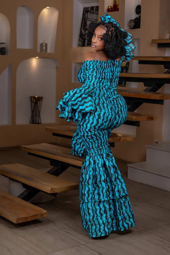 High-Waisted African Print Bell Bottom Pants, Stretchy Ankara Flare Leg