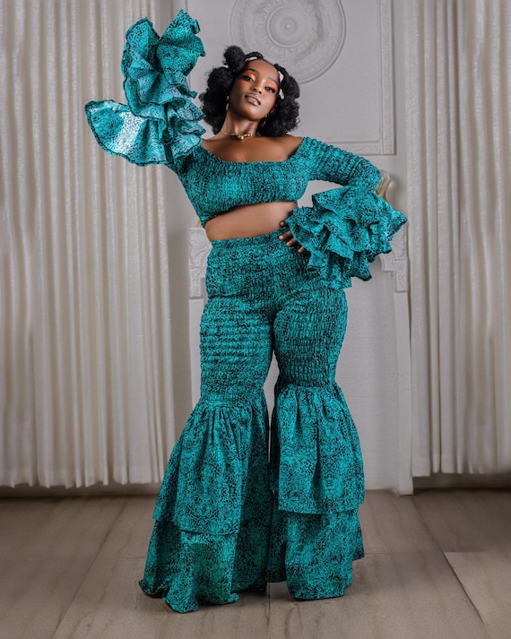 African Print Stretchy Flare Legs Pants, Ankara High-waisted Bell