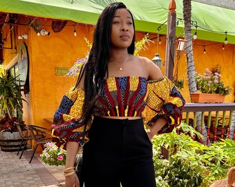 Top corto con estampado africano para mujer, top corto Ankara con hombros descubiertos, top africano elegante, blusa para mujer, top corto con hombros descubiertos, top corto de moda.