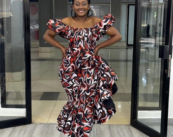Red Ankara Off-Shoulder Ruffle Dress: African Print Bodycon