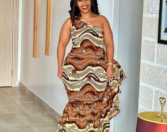 Brown One-Shoulder Ankara Ruffle Dress, African Print, One-Shoulder Dress for Women ,Bodycon dress