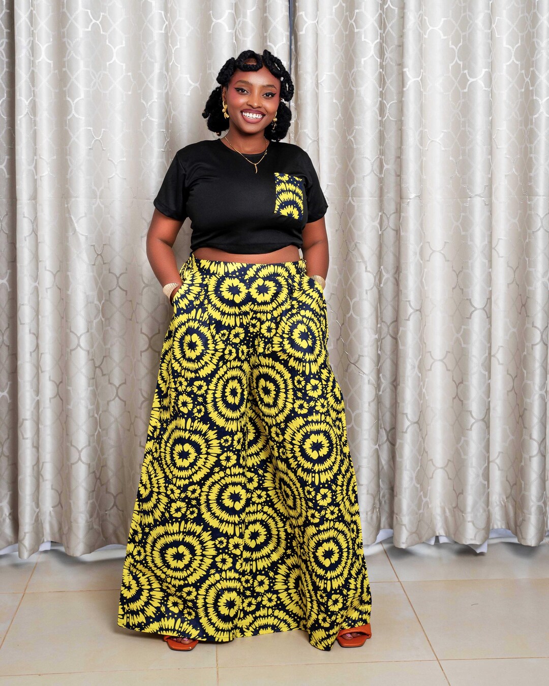 African Print Wide Leg Drawstring Pants