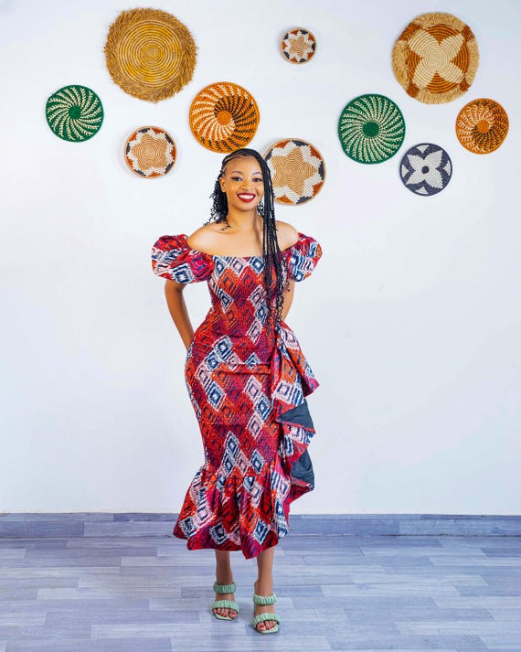 red dress with green heels Seti Women's African Print Off-Shoulder Side Ruffle gs b Perfectly Warm