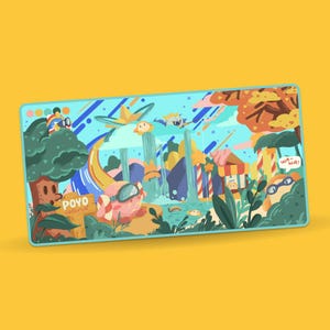 May include: A rectangular mousepad with a colorful cartoon illustration. The design features a whimsical landscape with waterfalls, trees, and flying creatures. Text on the mousepad reads "POYO Island" and "WA-WA!". The mousepad has a light blue border and is set against a yellow background.