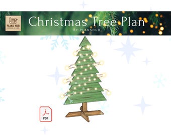 May include: A digital Christmas Tree Plan by Plans' Hub featuring a green wooden tree with horizontal slats and a brown wooden base. The tree is decorated with a string of warm white lights. A red PDF icon is visible in the lower left corner.