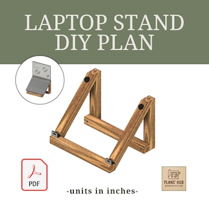 Puede incluir: Un plan de bricolaje para soporte de portátil de madera con el texto LAPTOP STAND DIY PLAN y units in inches. La imagen muestra una estructura de marco de madera marrón con acentos circulares negros, soportes metálicos, un icono PDF y un logo.