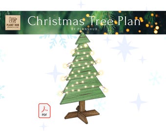May include: A digital Christmas Tree Plan by Plans' Hub featuring a green wooden tree with horizontal slats and a brown base. The tree is decorated with a string of warm white lights. A red PDF icon is visible in the lower left corner.