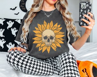 Sunflower Skull Shirt, Vintage Sunflower Skeleton Shirt