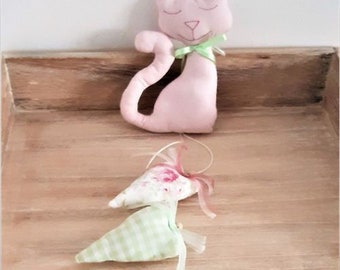 Mobile chat en tissus - suspension chat - mobile bébé - mobile de décoration dans les tons rose et vert - Cadeau de nassance