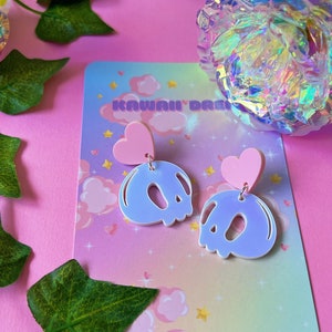 Kawaii Iridescent Skull Heart Earrings