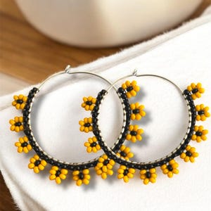 Large miyuki bead flower hoop earrings