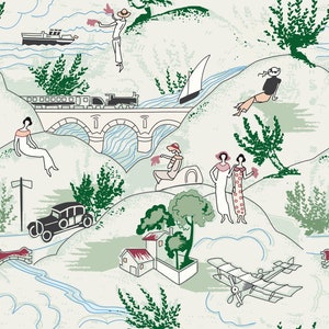 Art deco landscape digital paper, travel, seamless printable pattern, France, green Toile de Jouy, girly graphism, 1950 I Digital download