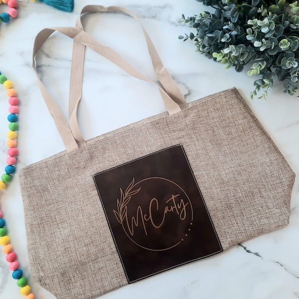 Personalized Burlap Leather Tote Bags, Custom Beach Bags, Girls Trip Totes, Bachelorette Party Favor, Client Gift, Realtor Gift