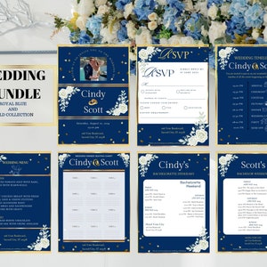 Navy Blue Gold bearbeitbares Hochzeits-PAKET, druckbare Einladung, Antwortkarte, Programm, Menü, Sitzplan, Tischnummern, sofort Download