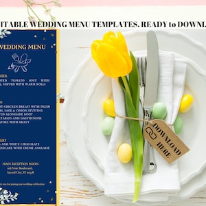Menú de boda editable en azul marino y dorado de 3,5 por 9", menú de boda de destino imprimible, plantilla de bricolaje de ducha, descarga instantánea