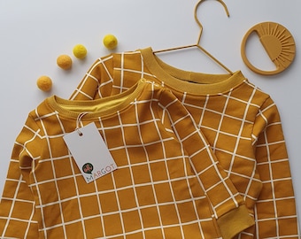 ORGANIC SWEATSHIRT 0-5 YEARS | mustard grid | baby top | baby jumper | kids' top | gender neutral baby and kids' clothes | handmade to order