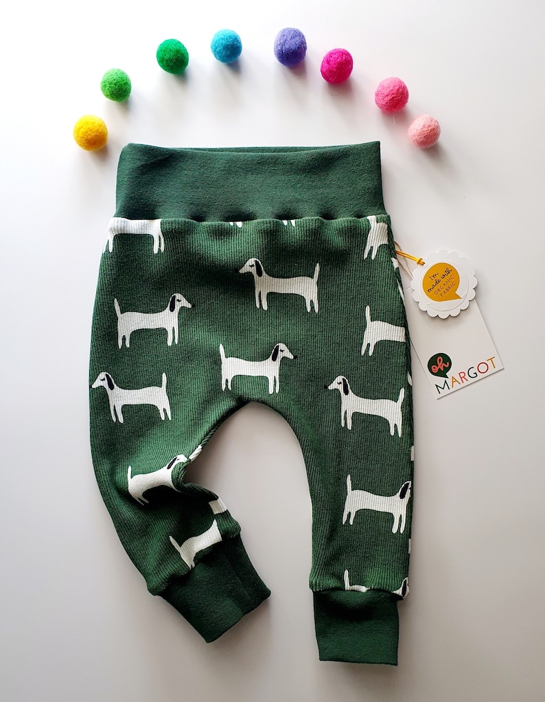 ORGANIC LEGGINGS 0m-4y dark green dogs baby trousers handmade leggings new baby gift handmade to order image 1