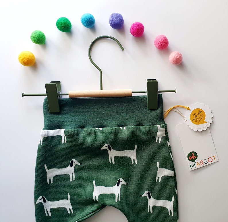 ORGANIC LEGGINGS 0m-4y dark green dogs baby trousers handmade leggings new baby gift handmade to order image 3