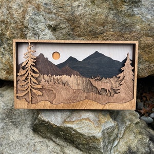 Elk Mountain Scene / Mountain Wood Art / Boho Decor / Housewarming Gift