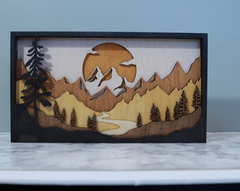 Rustic 3D Mountain Scene / Mountain Wood Art / Boho Decor