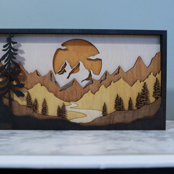 Rustic 3D Mountain Scene / Mountain Wood Art / Boho Decor