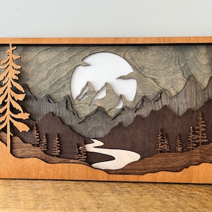 Rustic 3D Mountain Scene / Mountain Wood Art / Boho Decor / Midnight Sky