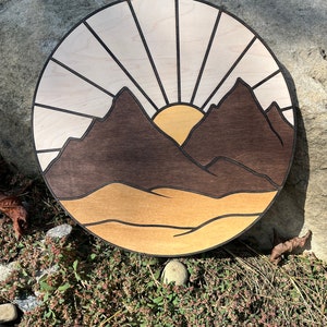 Boho Mountain Scene / Mountain Wood Art / Boho Decor / Retro art / Modern Art / Wood Art
