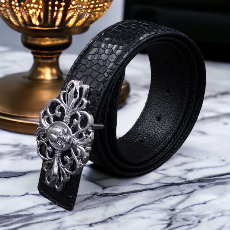 Authentic Chrome Hearts Rectangle Scroll Buckle with Black Leather