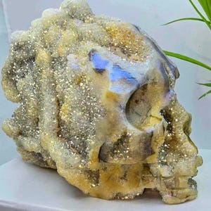 Aura Sphelarite Quartz Skull | Crystallized Mohawk | 3 Dimensional Skull Carving | Iridescent Rainbow Colors | Sparkling Drusy