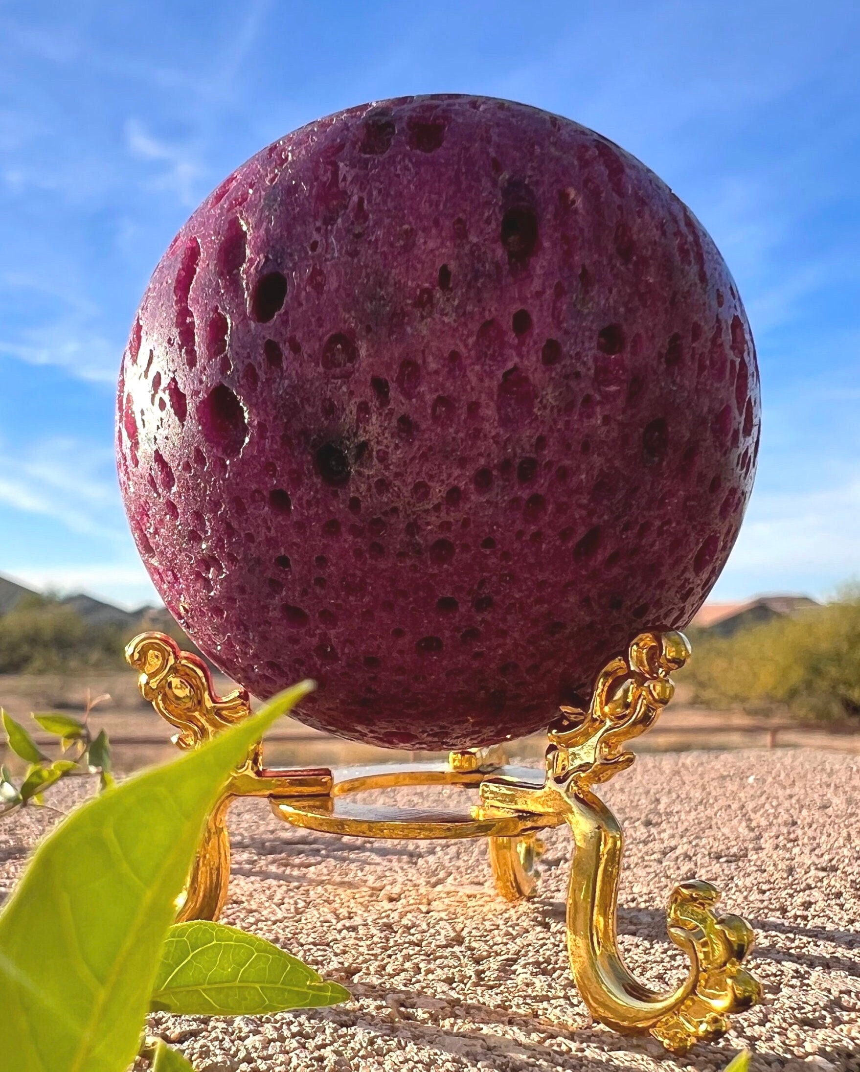 Large Honeycomb Ruby Sphere | Ultraviolet Reactive | Clear Stand