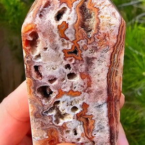 Crazy Lace Agate Tower/Point | Incredible Banding, Patterning, Tubing, & “Eyes” | High Quality | Sparkling Drusy Caves | Origin Indonesia