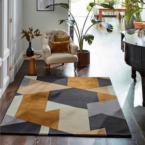Modern Geometric Wool Rug | Hand Tufted Area Carpet in Blue Green Ivory | Abstract Mid-Century Living Room Rug | 10x14 Contemporary Rug,