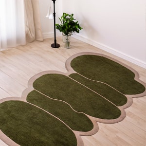 Onregelmatig gevormd tapijt, 8 x 10 groen en beige kleur tapijt, handgetuft wollen tapijt voor slaapkamerinrichting luxueus getuft eigentijds tapijt voor kinderkamer