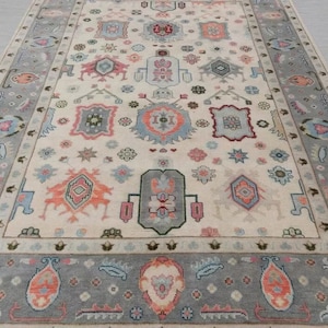 5X8 Modern oushak Rug,10X14 Beige & Gray Turkish knots rug 100 % Wool Rug 8X10 Hand-knotted Vintage Antique Rug for Living Room, Dining room