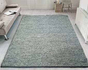 Alfombra de lana de bucle grueso tejida a mano, gris plateado suave, tamaño personalizado
