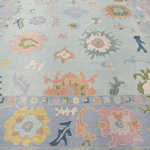 Oversize 12x18 Oushak Rug, Sky Blue Color 9x12 Turkish knots rug 100 % Wool Rug Hand-knotted 6x9 Vintage Antique Rug for Bedroom, Guest Room