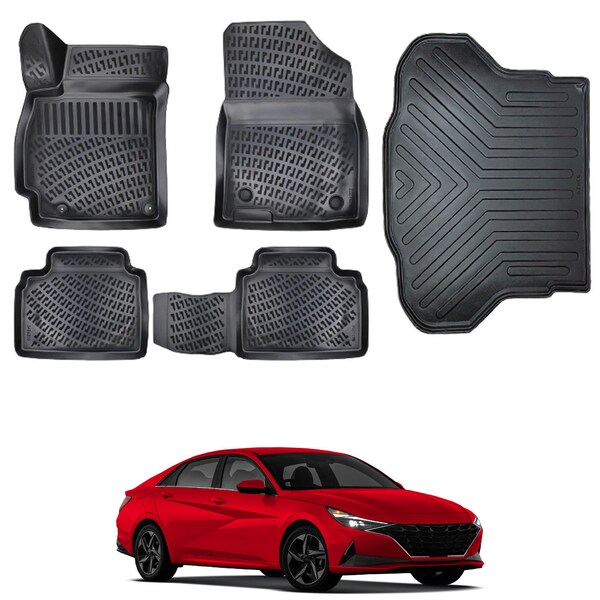 Pour Hyundai Elantra 2020 2021 2022 2023 3D ensemble complet de tapis de sol doublure de cargaison doublure de tapis de coffre 3D imperméable à l'eau en caoutchouc noir couleur