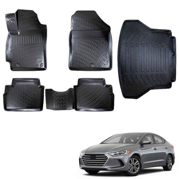 For Hyundai Elantra 2015 2016 2017 2018 2019 2020 3D Full Set Floor Mats Liner Cargo Liner Trunk Mat Liner 3D Waterproof Black Rubber Colour