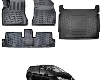 For  Citroen C4 Grand Picasso 7 Seats 2006-2013 3D Full Set Floor Mats Liner Cargo Liner Trunk Mat Liner 3D Waterproof Black Rubber Colour